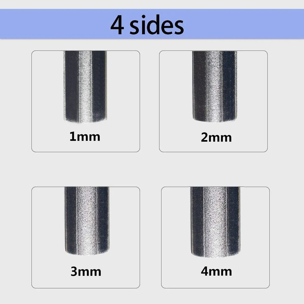 Square guitar fret edge file with 1mm 2mm 3mm 4mm slot gauges, carbon steel diamond grit body and wooden handle