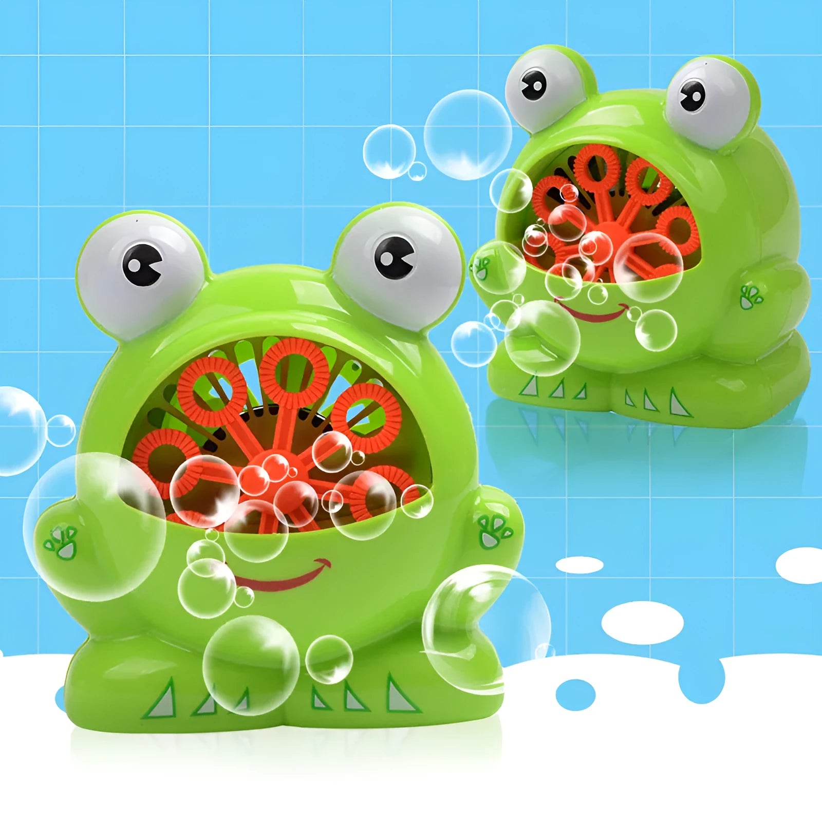 Green frog-shaped automatic bubble machine gun with lights and music for children aged 3 and above