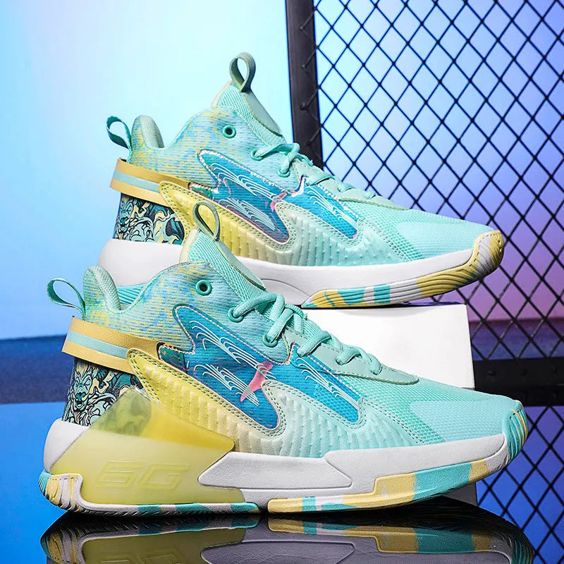 Luminous high-top basketball shoes with graffiti pattern, mesh upper, rubber outsole, front lace-up, sizes 36-45.