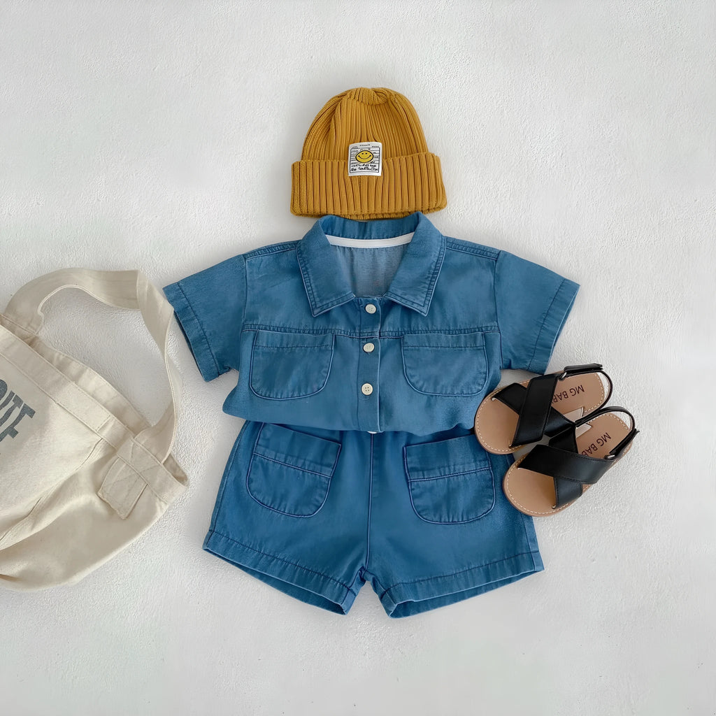 Blue cotton denim baby boy suit with short-sleeve pocket top and boyshorts for summer