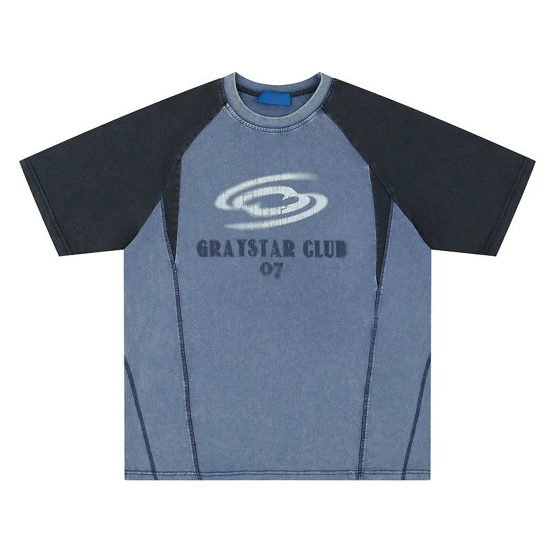 Men's blue hip hop letter print raglan sleeve T-shirt on hanger showing front graphic and sleeve detail