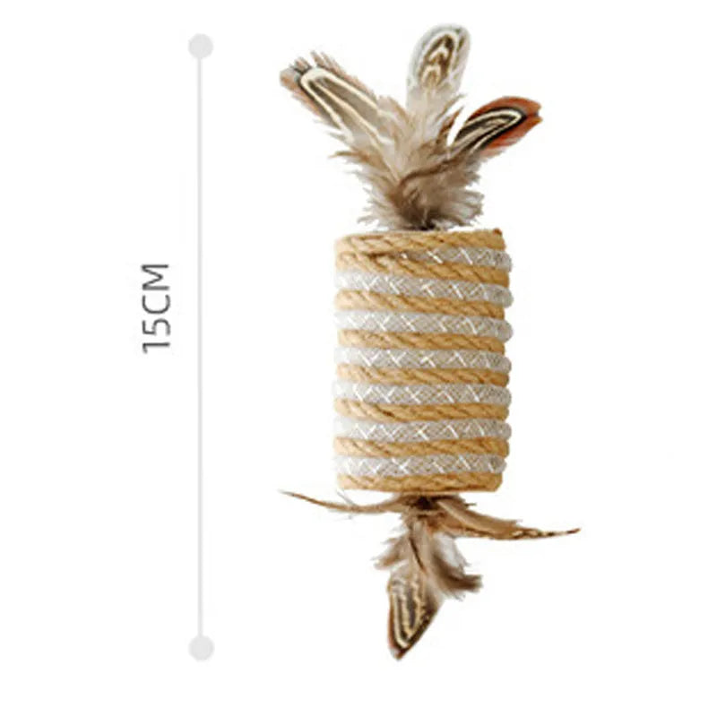 Beige cat toy with hemp rope texture, feathers, and a bell on a wooden roller for scratching and play.