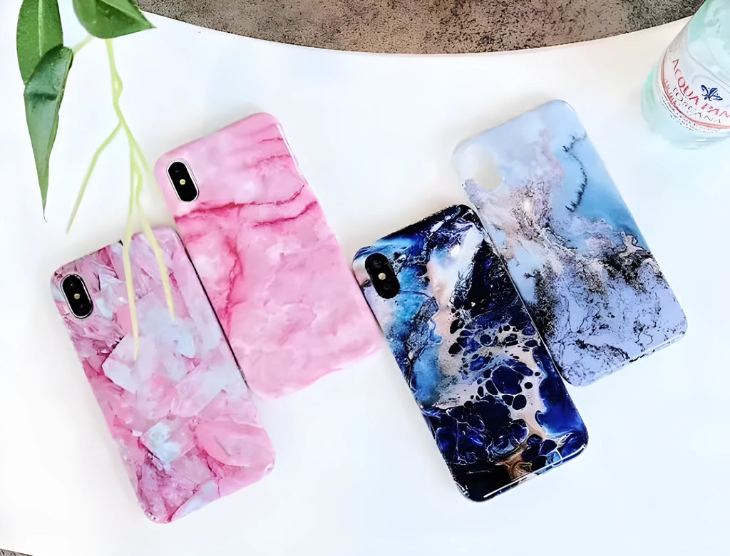 Colourful stone pattern soft protective case for iPhone on a table.