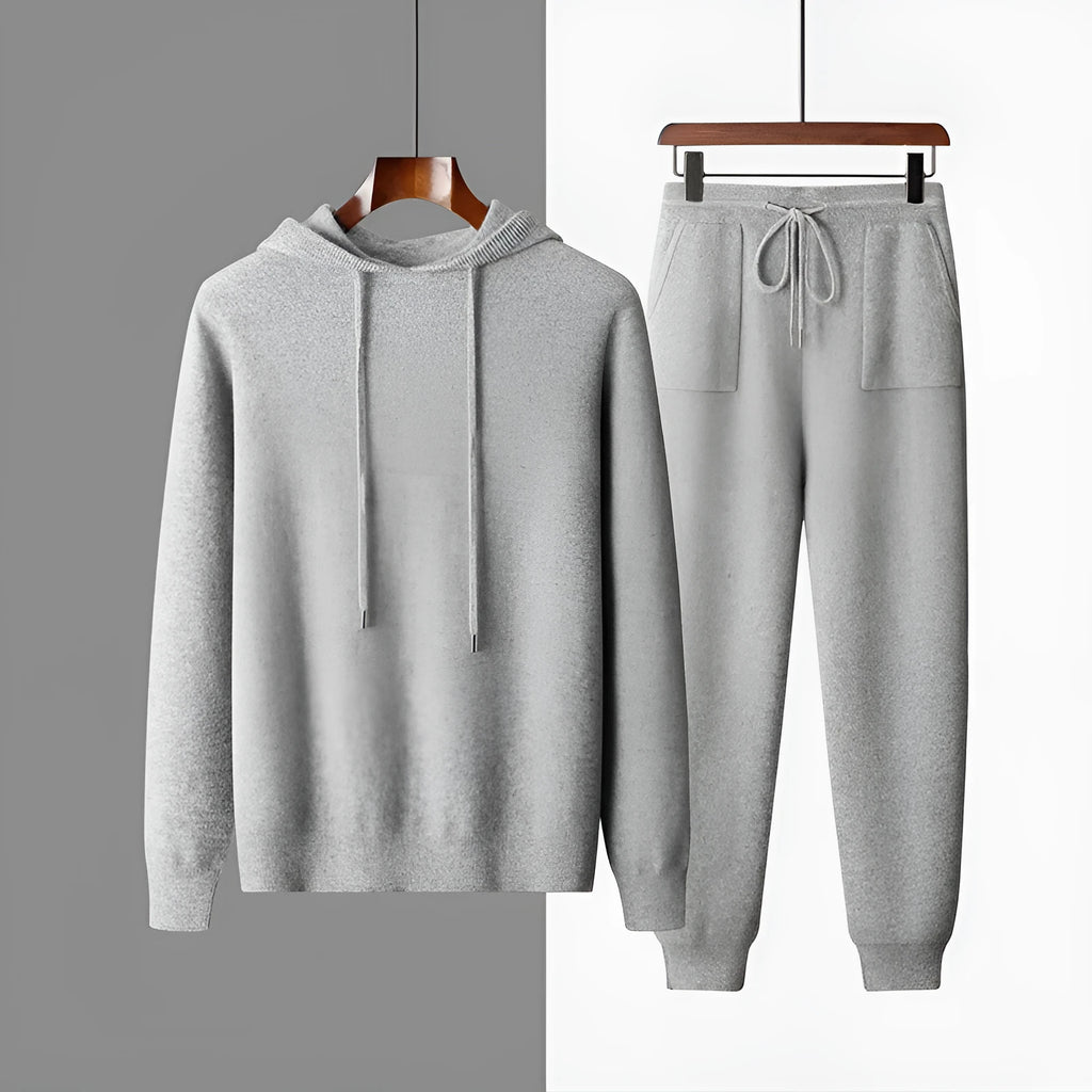 Men's light grey cashmere hooded sweatshirt and long pants casual winter set laid flat.