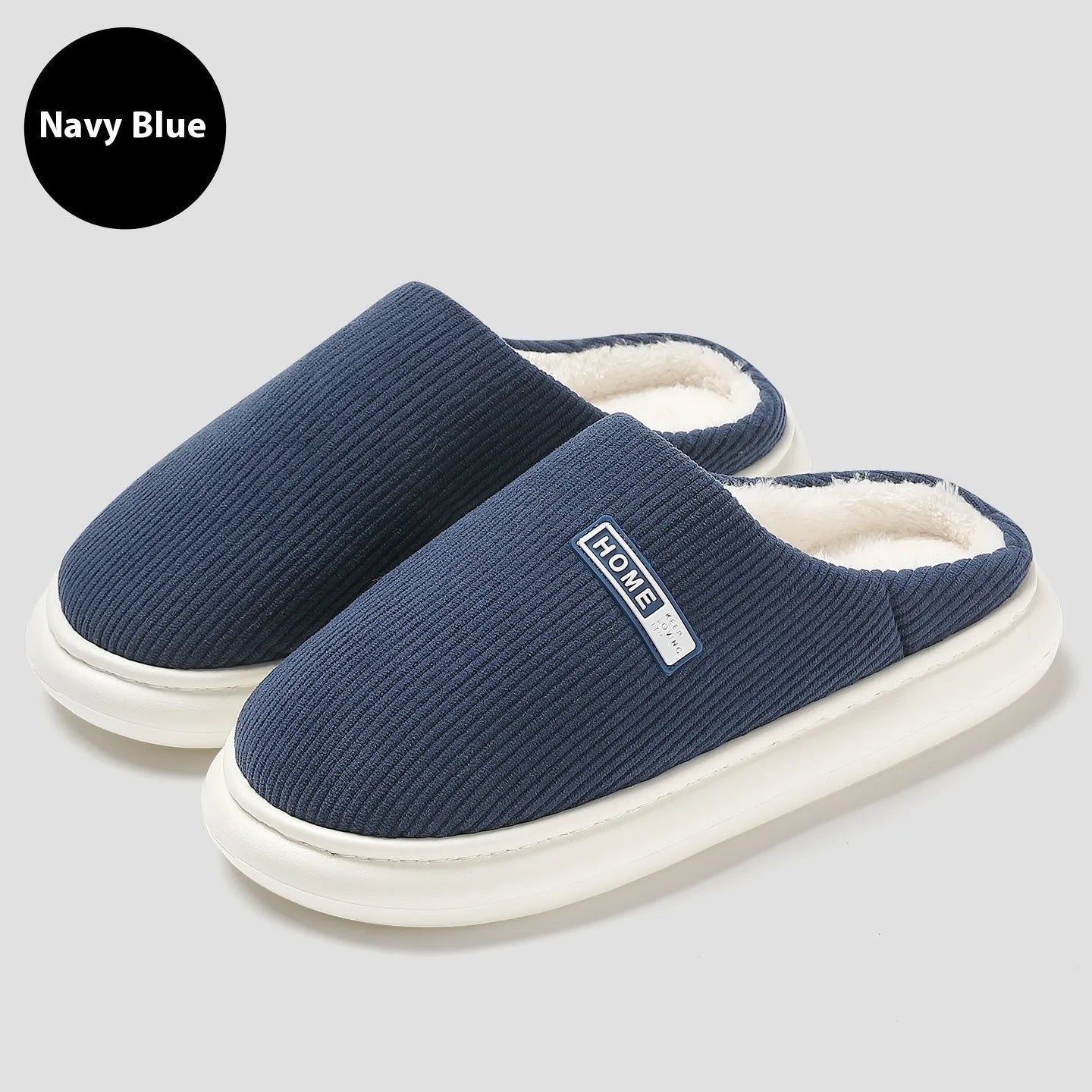 Plush non-slip cotton slippers with striped pattern and EVA sole in gray, green, pink, dark blue, and white