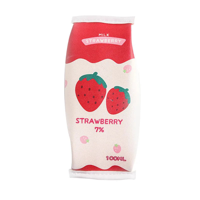 Strawberry milk carton shaped leather pencil case with cartoon strawberry pattern