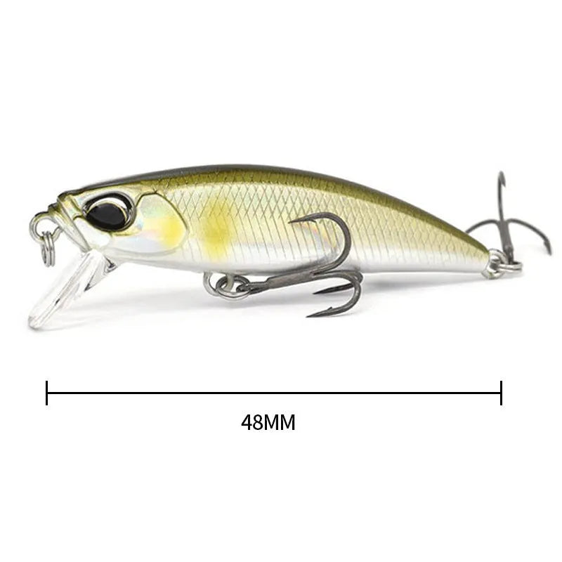 Hard plastic minnow fishing lure measuring 48mm, shown in one of 14 available colours, with integrated hook hangers.