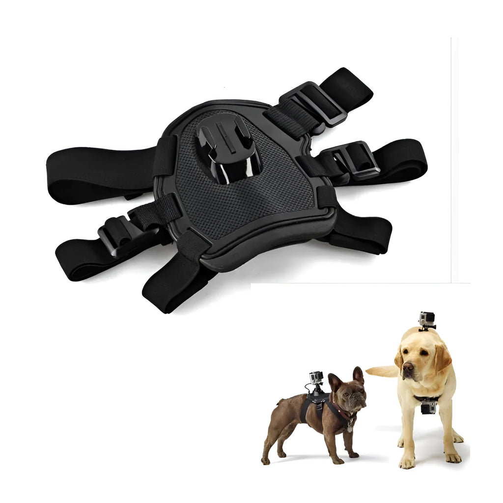 Black dog chest harness mount for GoPro with quick release base, washable material, two fixed positions