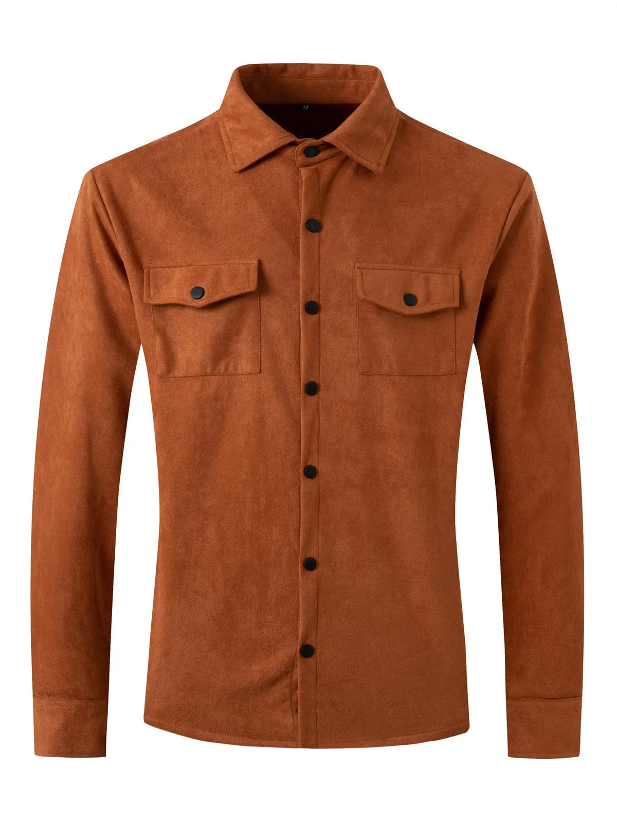 Men's turn-down collar casual jacket in solid colour with thickened suede fleece fabric, 3D patch pockets, and loose fit, available in grey, burgundy, black, and other colours.