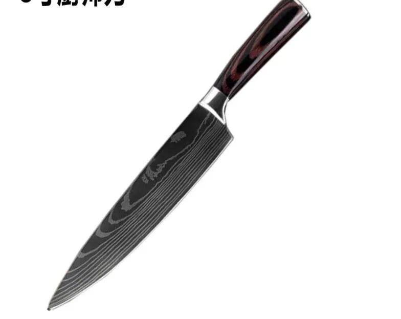 7Cr17 stainless steel kitchen knife with laser Damascus pattern on blade and colour steel handle.