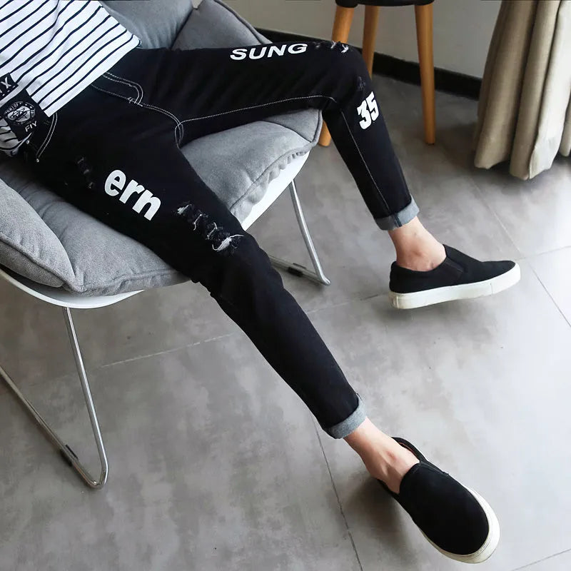 Autumn black ripped ankle jeans for men, micro stretch cotton rich denim, distressed ankle detail, black colour