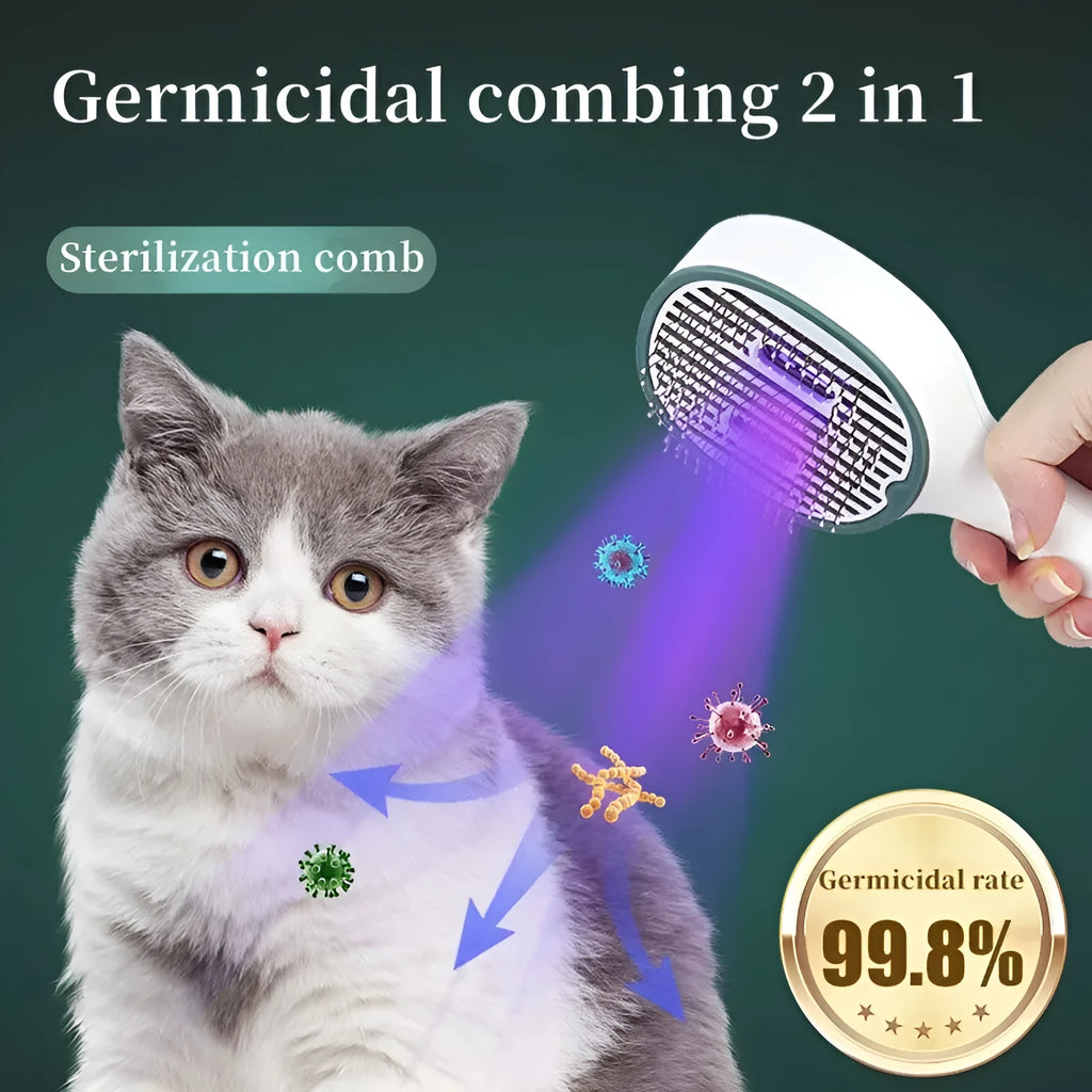 Dark green pet grooming comb with UVC sterilization function and slicker brush needles