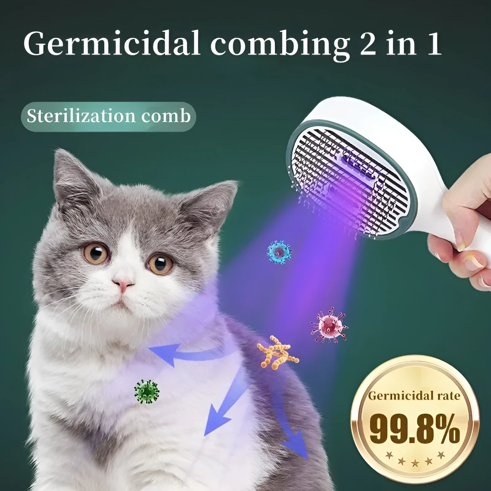 Dark green pet grooming comb with UVC sterilization function and slicker brush needles