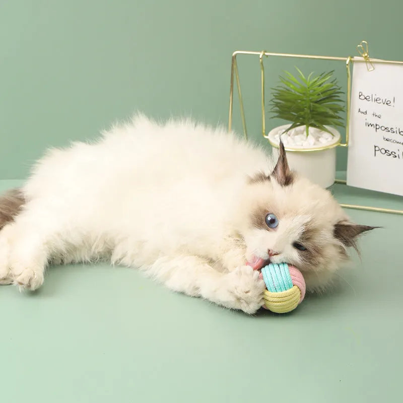 Handmade cotton plush cat hair ball toy for teeth grinding and interactive play
