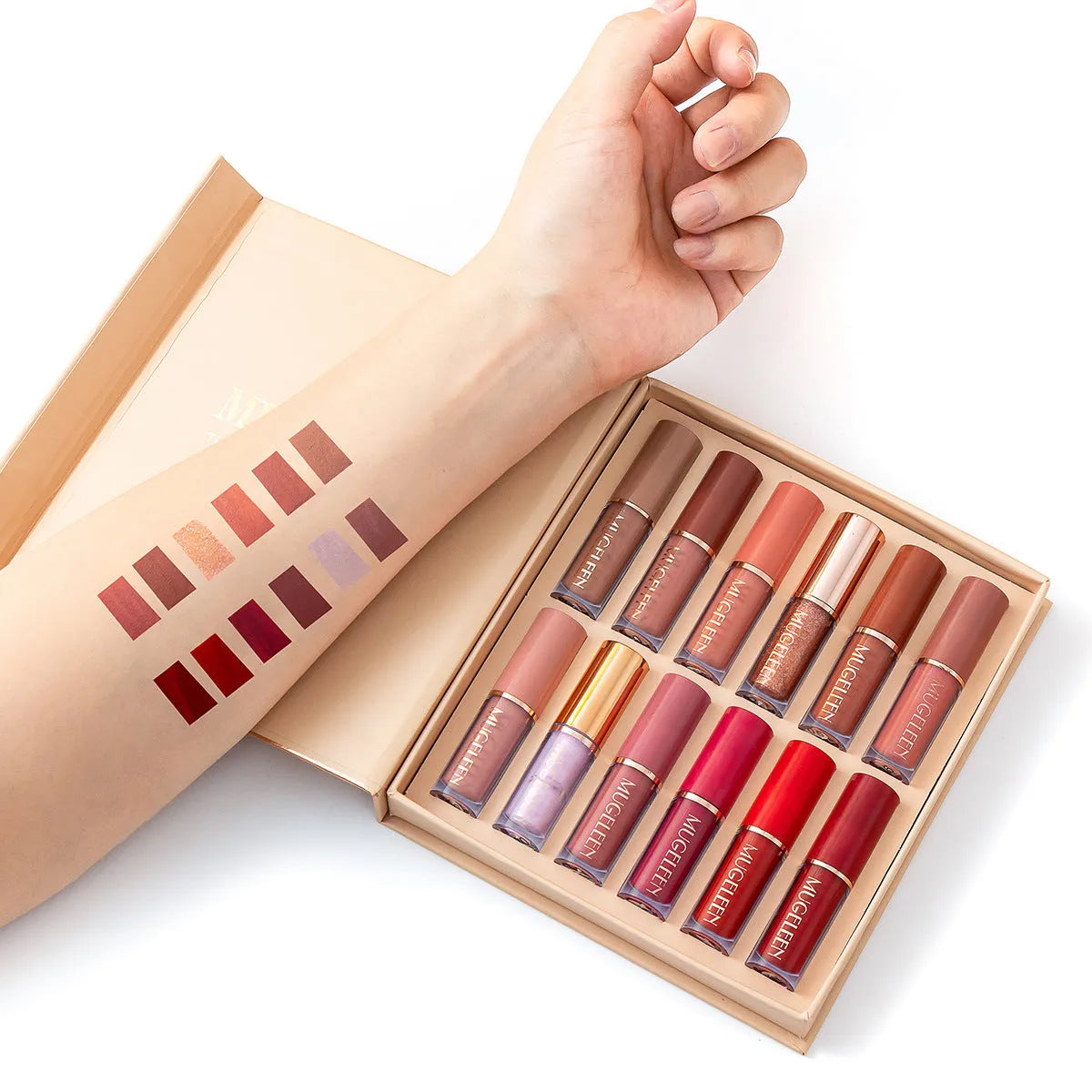 Matte shimmer lip glaze set with 12 non-stick cup colours for neutral skin tones