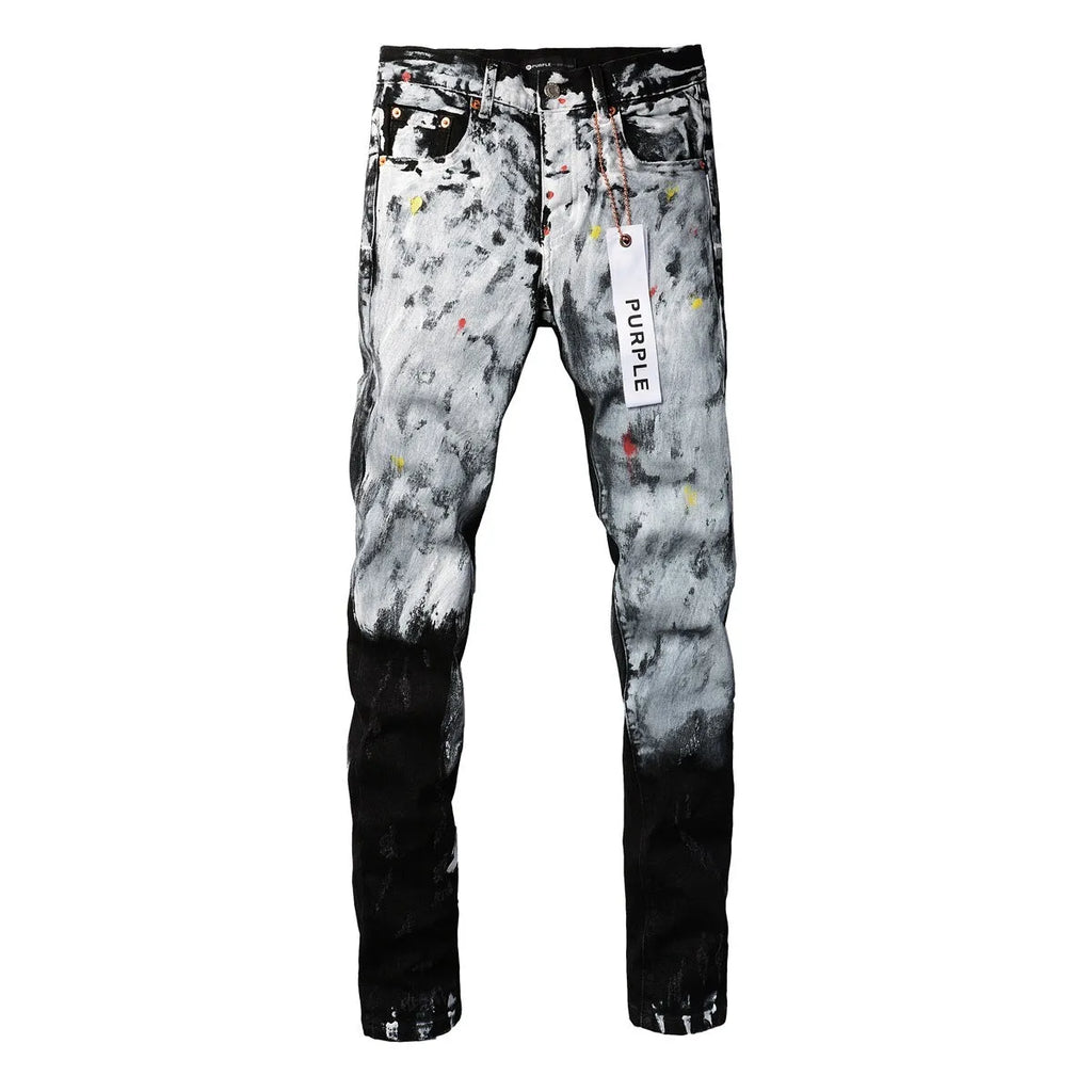 Purple Brand blue denim jeans with crumpled finish, button fly, and skinny fit on a model