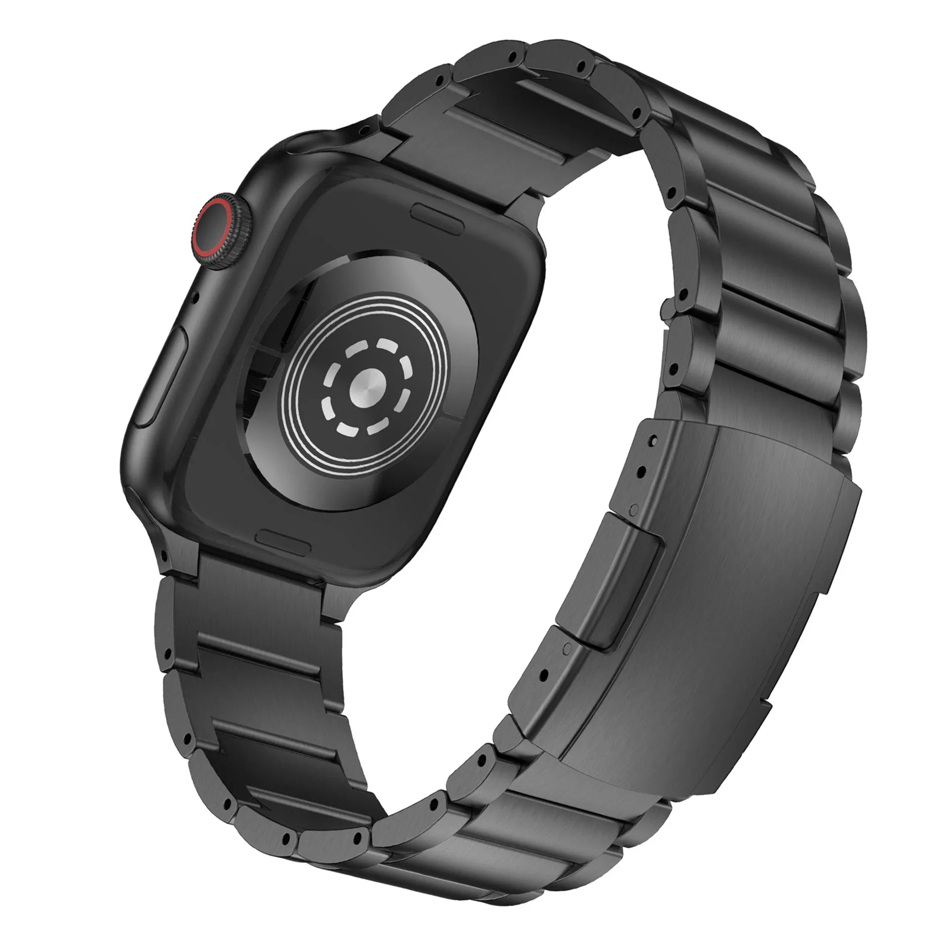 Titanium alloy Apple Watch replacement strap with folding buckle in black and silver colours