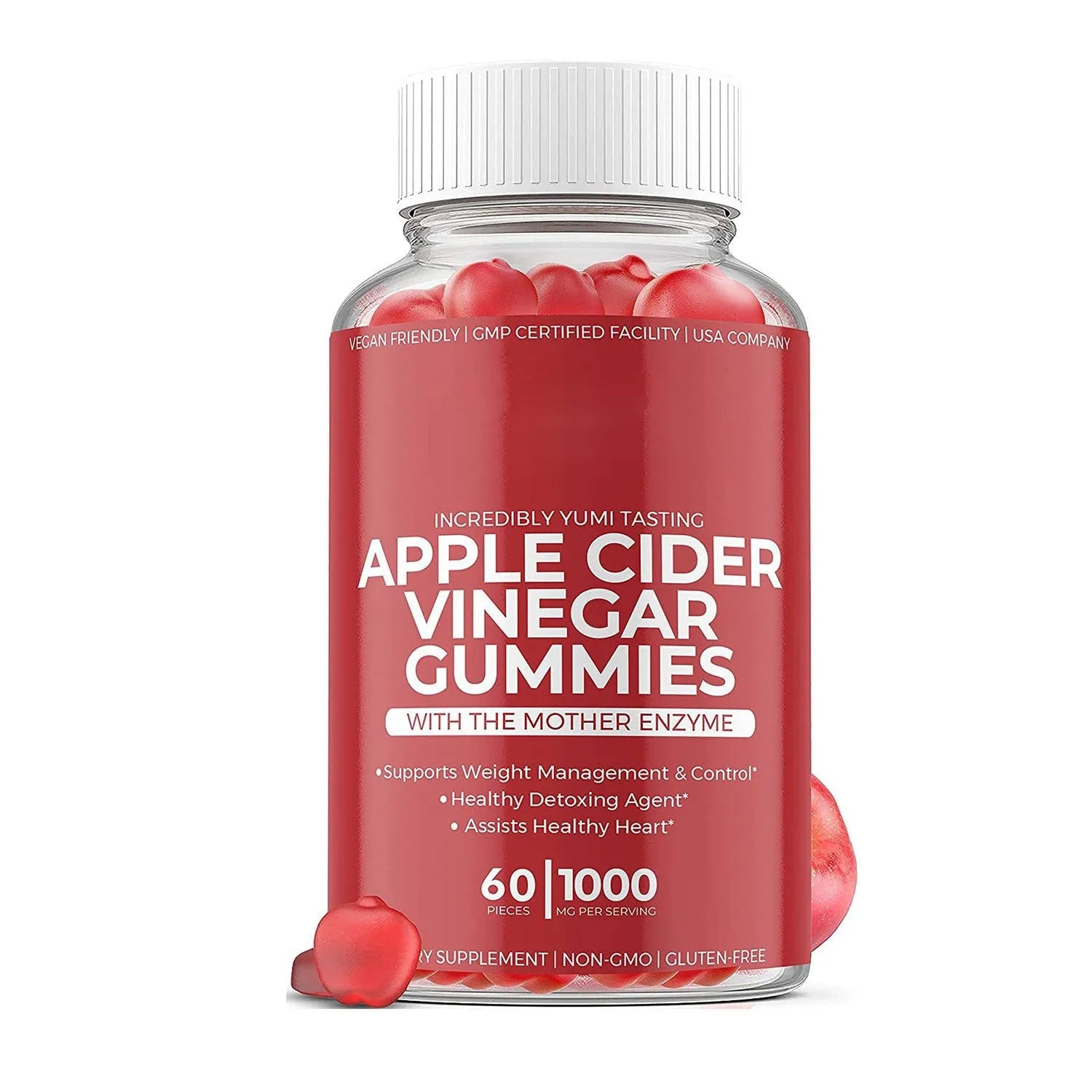 Bottle of apple cider vinegar gummy supplements containing 60 tablets for adult nutritional use