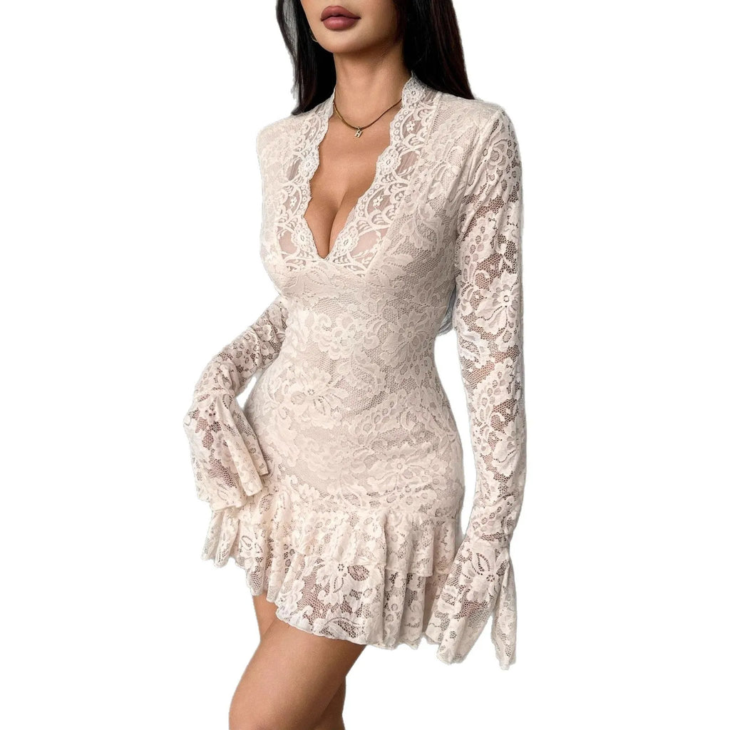 New lace V-neck double-layer ruffled slim-fit mermaid dress in apricot with flower pattern