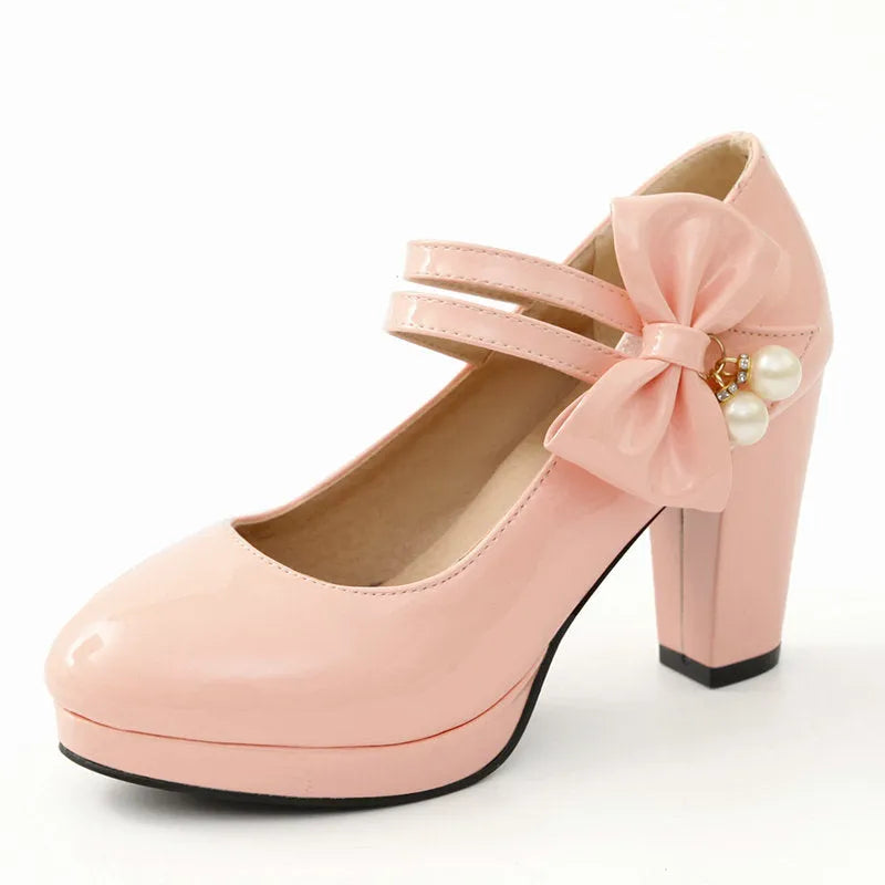 Women's platform high heel shoes with chunky heel and round toe in red colour