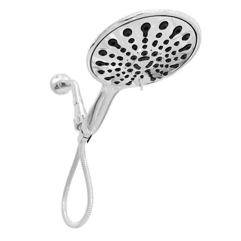 Chrome handheld shower head with six function buttons on a 6-inch ABS plastic body.