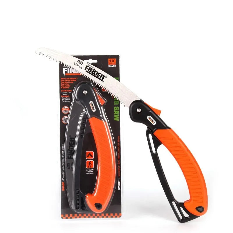 Garden folding trunk saw with 9-inch blade shown open and folded, featuring a TPR handle.