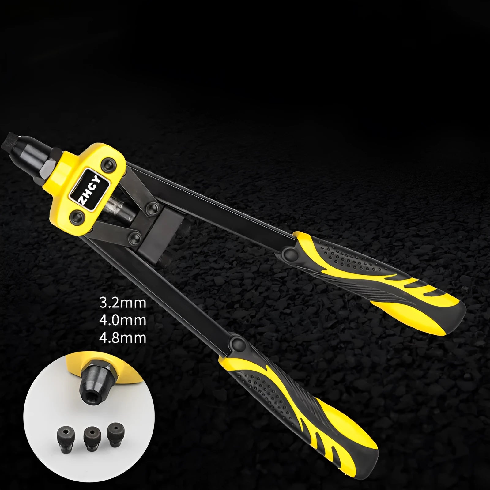 Yellow 13-inch manual rivet gun with three built-in tips for household metal fastening