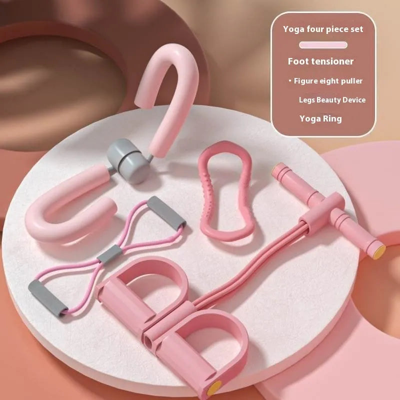 Yoga four piece fitness set with leg stretcher, pedal device, yoga ring, and figure eight tension rope.