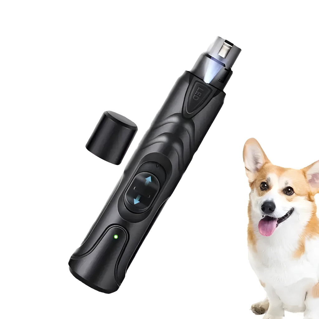 Black rechargeable dog nail grinder with LED light, shown with its 2-speed settings.