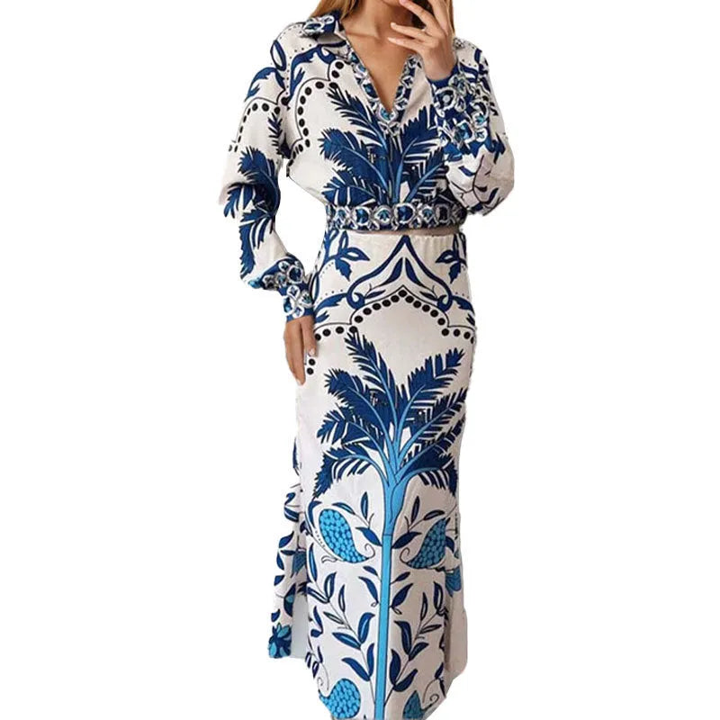 Early spring casual fashion set with long sleeve top and long skirt in picture colour.