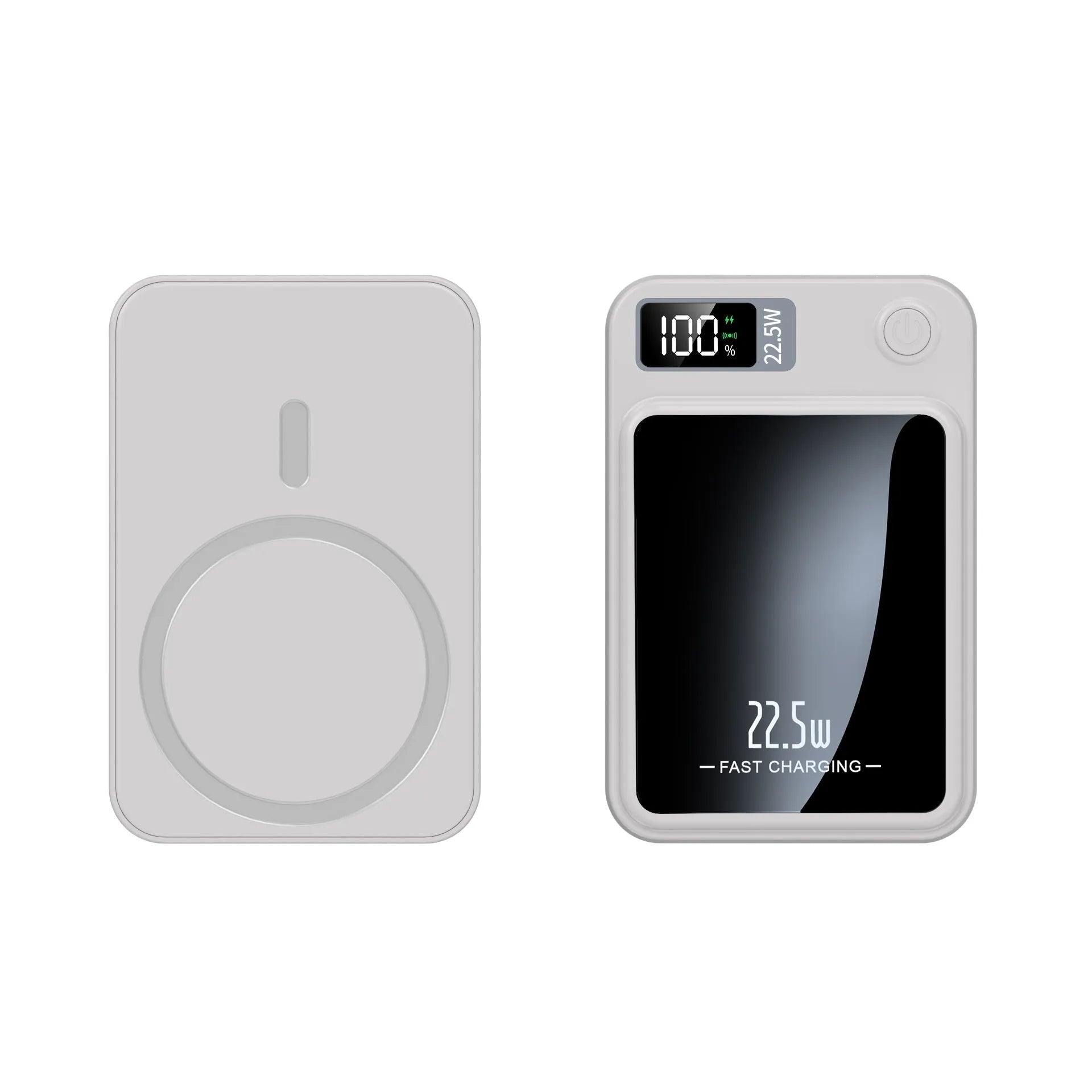 Magsafe wireless power bank in industrial style with plastic shell showing black, green, purple and white colour options