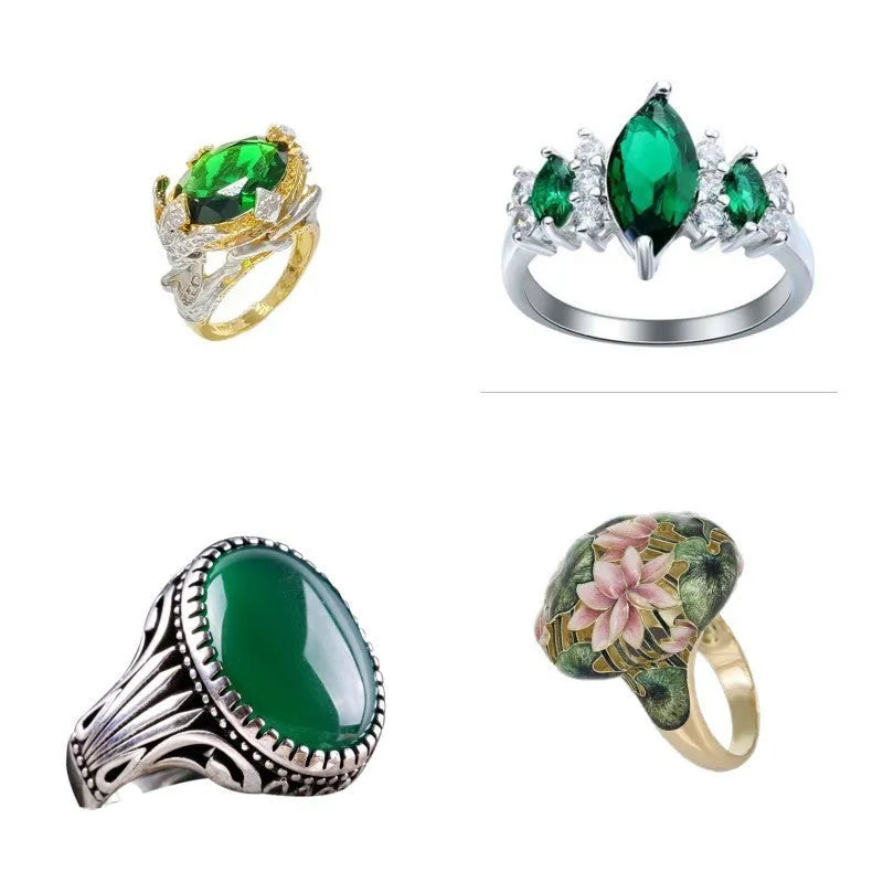 Green zircon ring with copper band and electroplated finish, shown in one of three colour styles, sizes 5 to 13