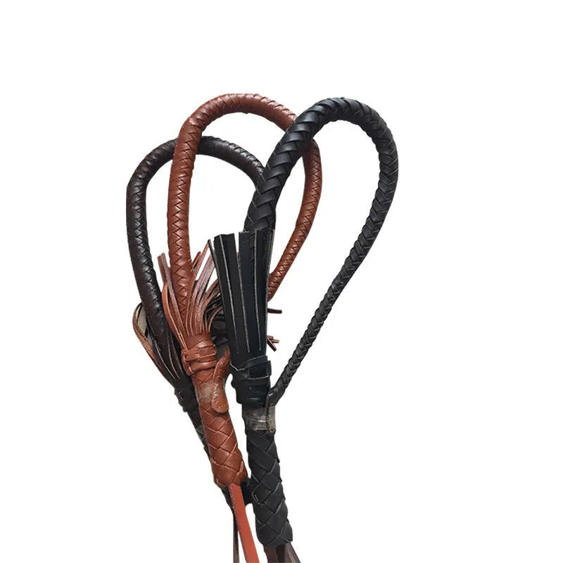 Brown cowhide woven horsewhip, 85cm long, leather equestrian and farm tool