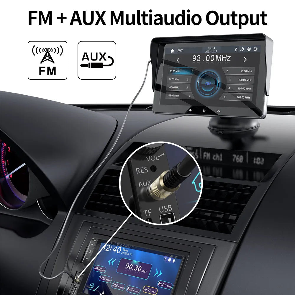 A 7-inch universal wireless CarPlay display with suction cup mount on a car dashboard.