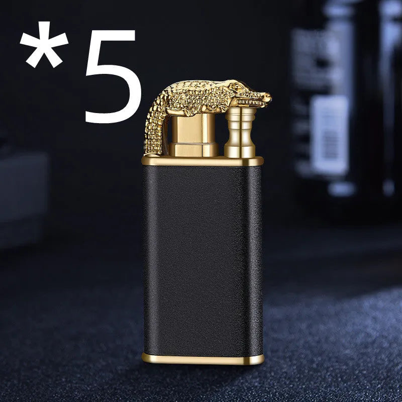Double flame metal novelty lighter with dragon design showing blue jet fire.