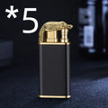 Double flame metal novelty lighter with dragon design showing blue jet fire.