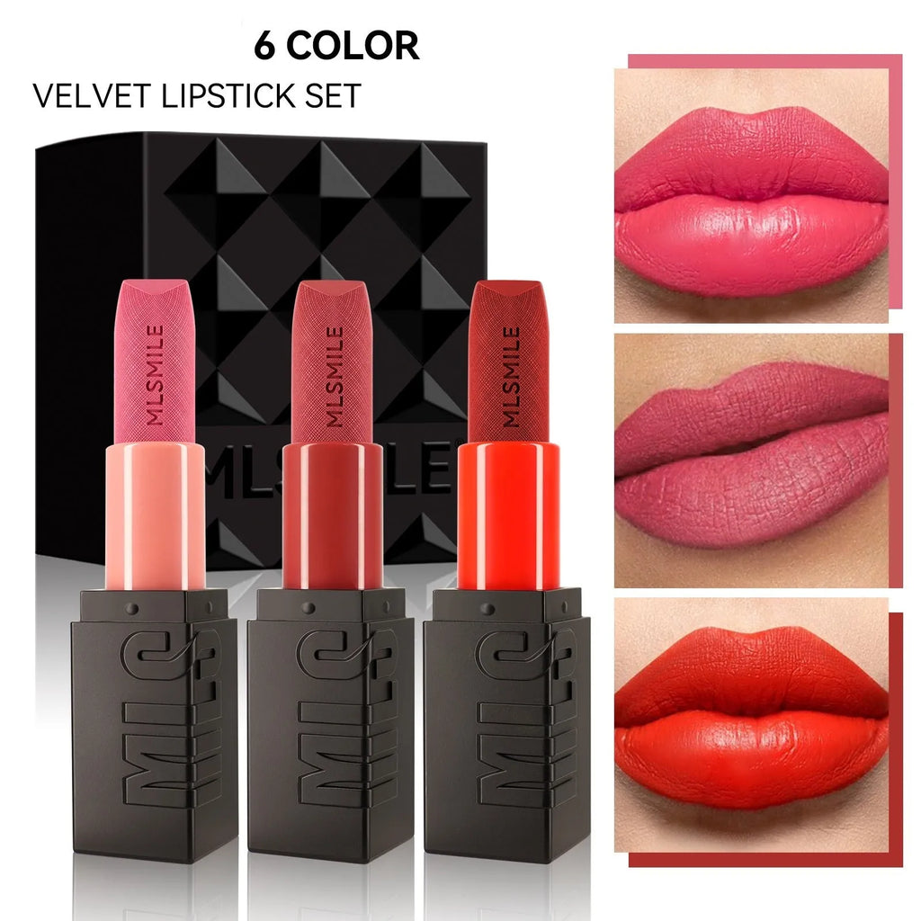MLSMILE embossed lipstick set of three tubes in a 7.7cm x 6.8cm x 2.4cm box.