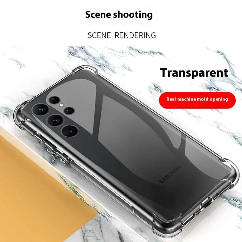 Transparent silicone phone case with four-corner airbag drop protection for Samsung Galaxy models.