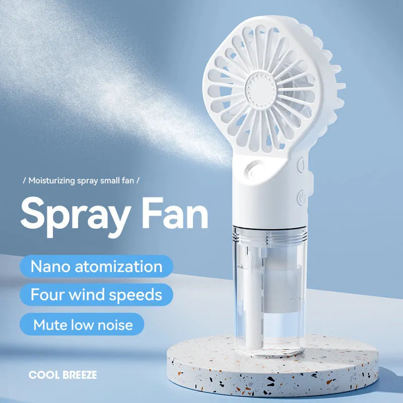 Handheld misting fan with transparent water tank showing multiple colour options including black, white, and pink