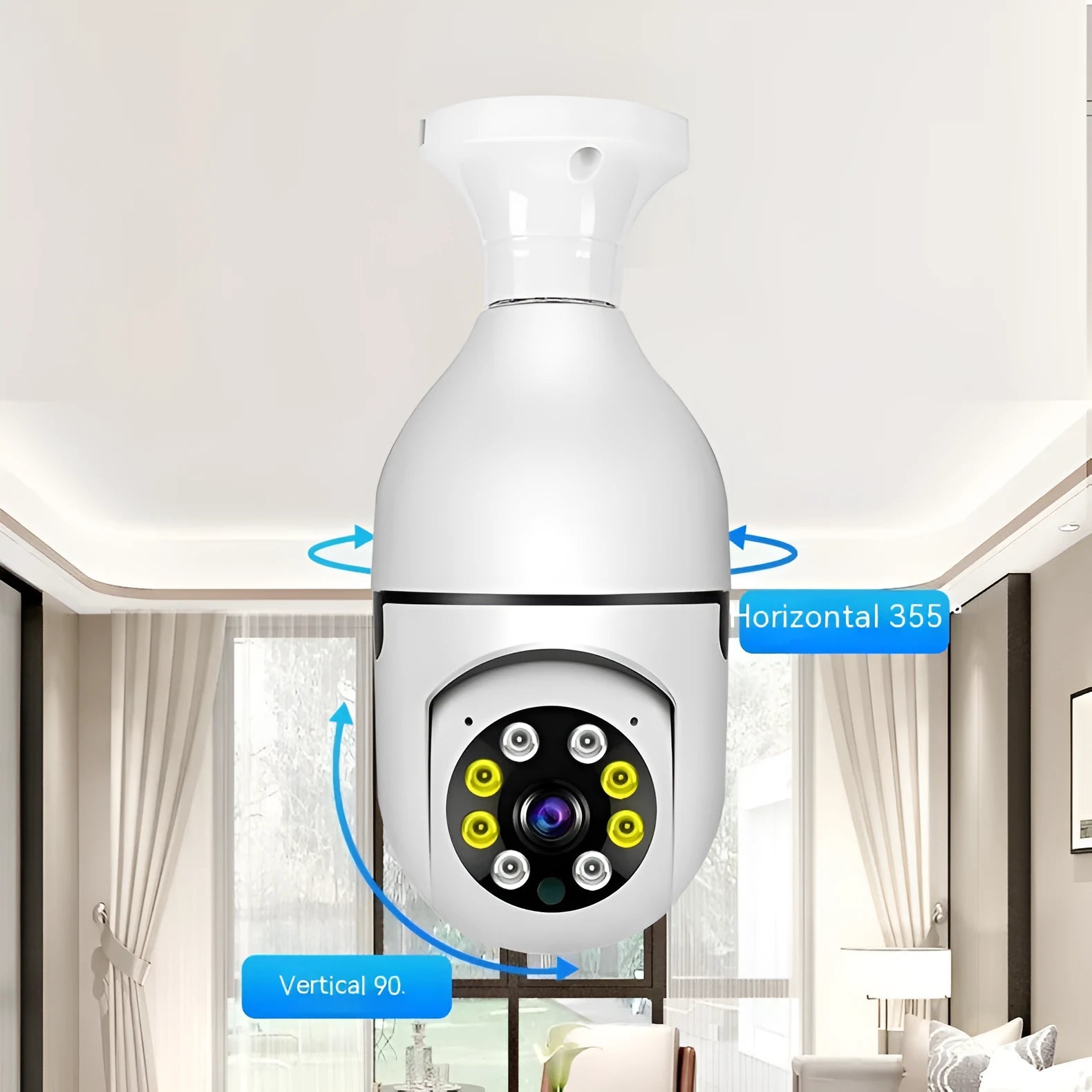 Wireless WiFi security bulb camera with metal base and plastic housing, shown next to its packaging.