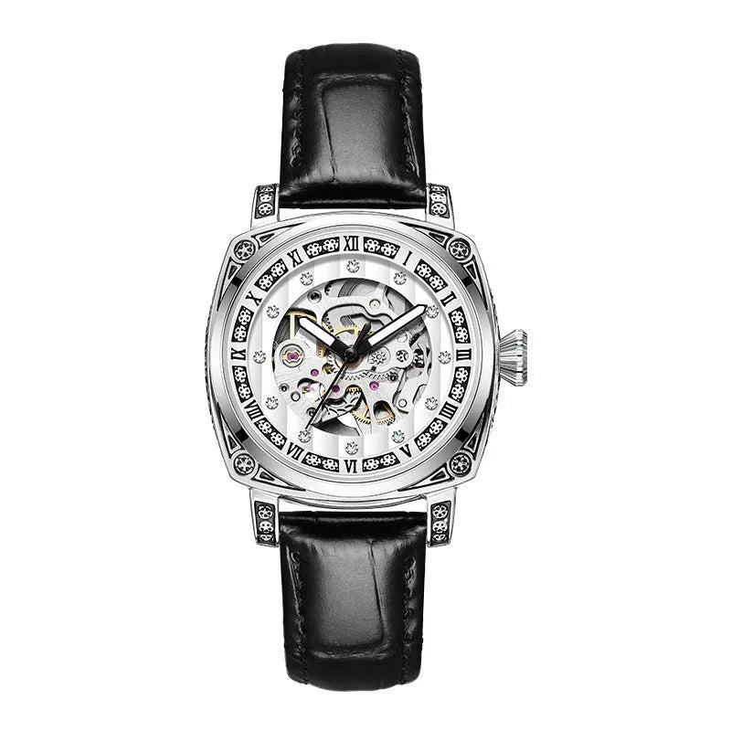 Black dial mechanical wristwatch with luminous hands on a brown leather strap, showing 10m water resistance.