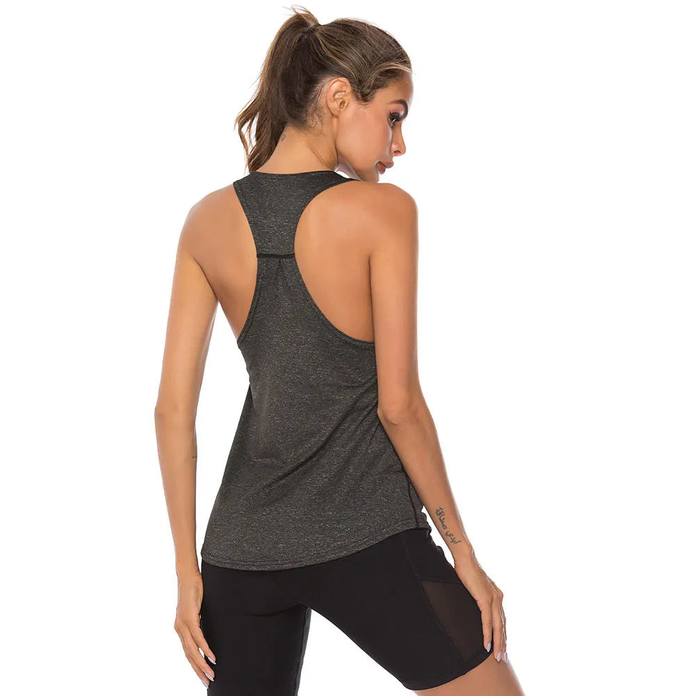 Women's sleeveless polyester gym vest with O neck, shown in slate, sky blue, pink, green and purple, sizes S to XL