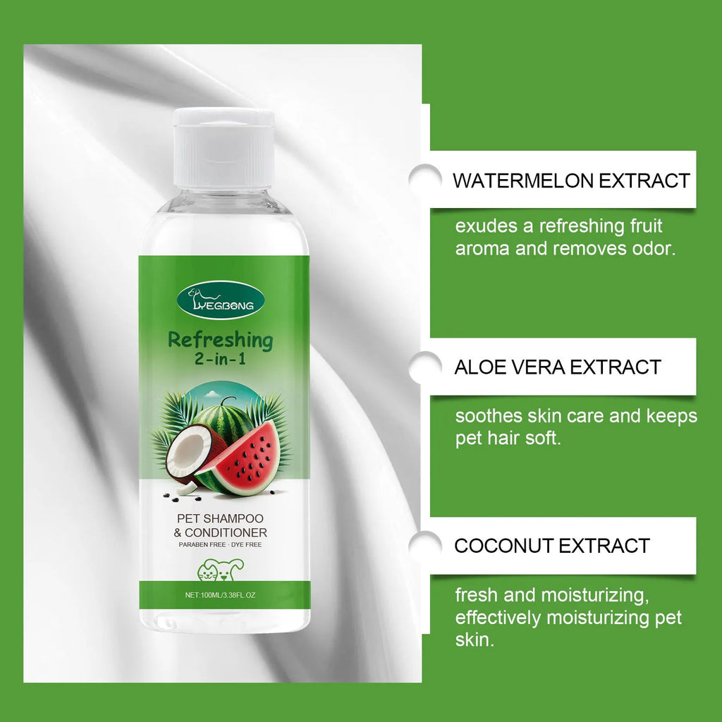 100ml bottle of pet 2-in-1 shampoo with watermelon and coconut extract label