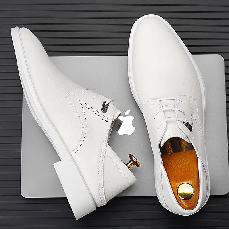 Men's black cow split leather pointed toe dress shoes with rubber sole on a white background