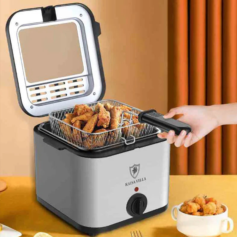 Silver electric air fryer with transparent cooking chamber and detachable frying basket
