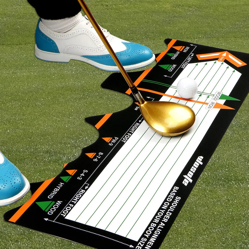 Black neoprene golf swing stance correction training pad on grass