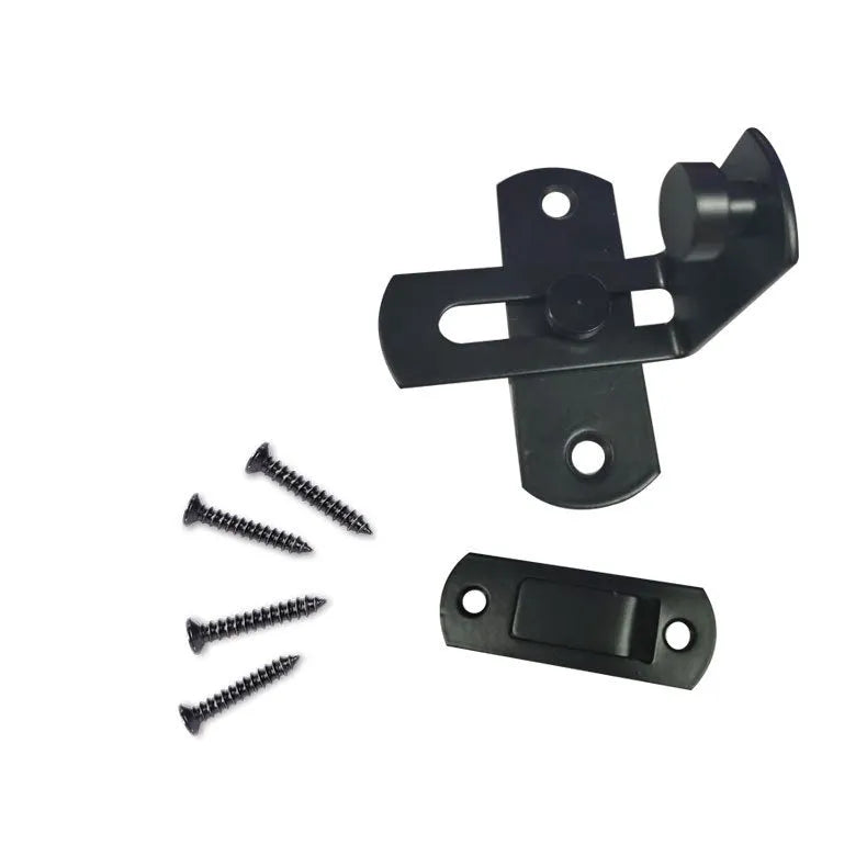 Black carbon steel and stainless steel 90-degree warehouse hook lock for sliding barn doors.