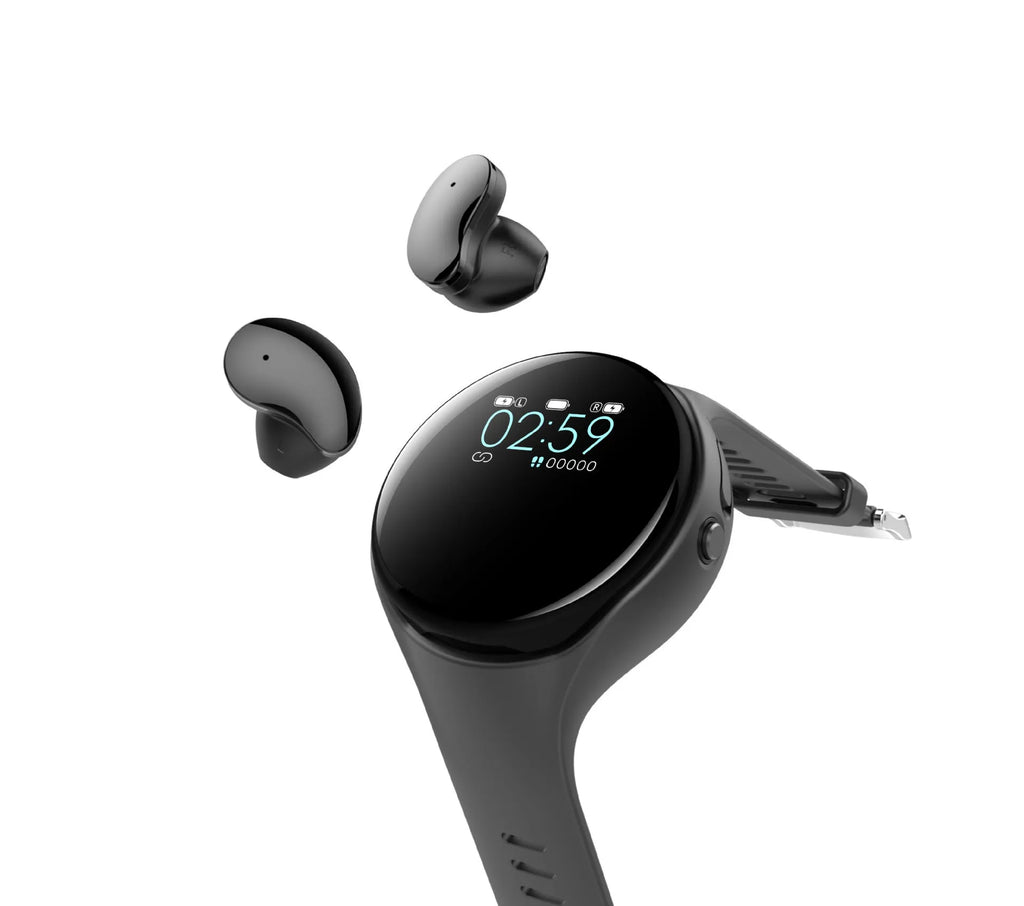 Black smart bracelet with detachable wireless earphones showing colour screen display