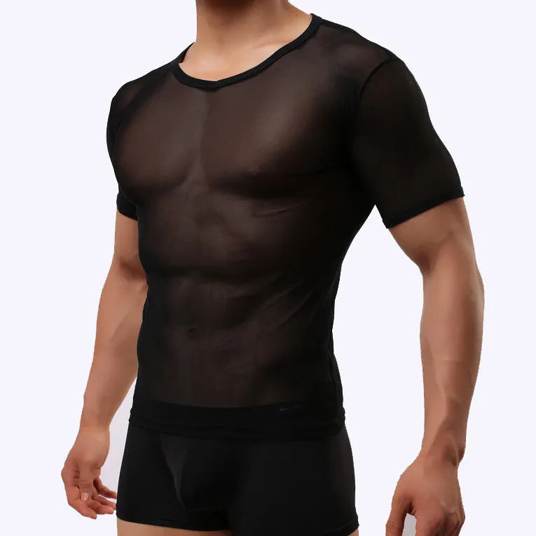 Man wearing a slim fit, translucent mesh t-shirt in a solid colour.