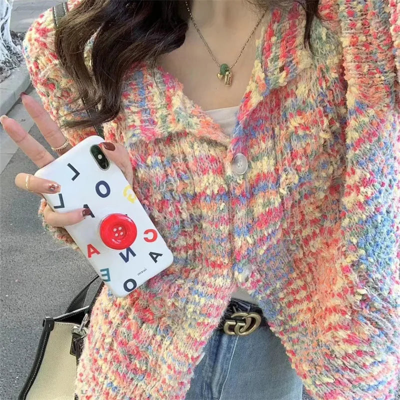 Retro rainbow pattern knitted cardigan sweater in pink or green, slim fit free size.